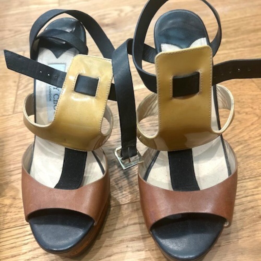 Jimmy Choo Black Leather Platform Wood Heels - 37
